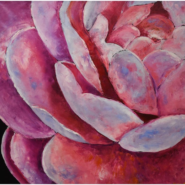 Oil on board, 26" x 26", by Yulias. This close-up view of a succulent plant focuses on the intricate patterns and subtle...