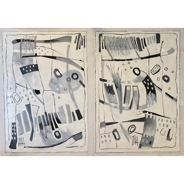 Tyka Set of 2 Black and White Abstract Oil Paintings on Canvas For Sale