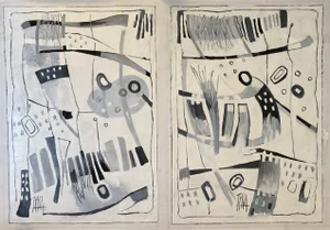Tyka Set of 2 Black and White Abstract Oil Paintings on Canvas