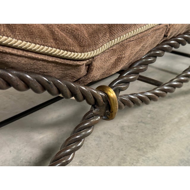 Vintage French Twisted Rope Wrought Iron Bench With Taupe Cushion For Sale - Image 10 of 12