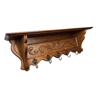 Vintage French Oak 5-Hook Wall Coat Rack For Sale