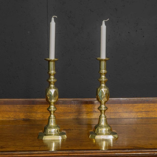 Victorian Queen of Diamond Brass Candlesticks, 1890s, Set of 2 For Sale - Image 10 of 11