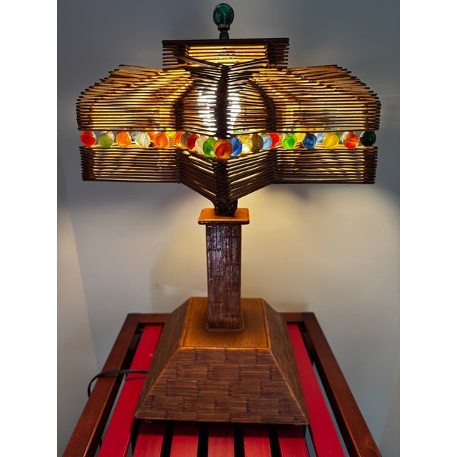 Exceptional and rare vintage handmade matchstick, marble, and popsicle stick tramp art table lamp — one of a kind with a...