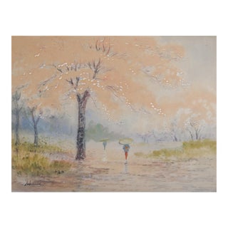 Vintage Japanese Park Landscape Watercolor Painting For Sale