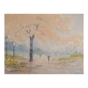 Vintage Japanese Park Landscape Watercolor Painting