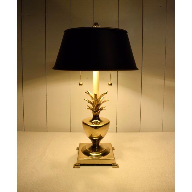 1970's Brass Pineapple Lamp With Black Tole Shade For Sale In Philadelphia - Image 6 of 7