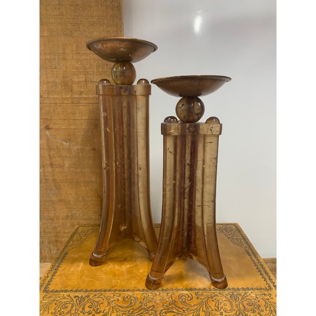 Mid-Century Modern Pair of Mid-Century Modern Amber Acrylic Bamboo & Copper Candle Holders For Sale - Image 3 of 6