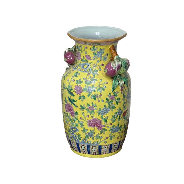 This is a fabulous vintage Chinese Famille Jaune (Yellow-ground) porcelain vase, intricately hand-painted and maufactured...
