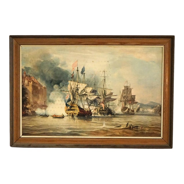 Mid Century Modern Seascape Print with Tall Mast Ships after Chambers Circa 1950’s, Framed For Sale