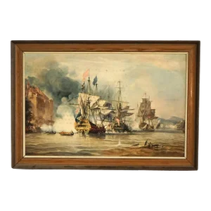 Mid Century Modern Seascape Print with Tall Mast Ships after Chambers Circa 1950’s, Framed