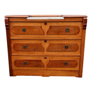 Late 19th-Century Victorian Burl-Wood, Oak & Marble Washstand Chest, C. 1890 For Sale