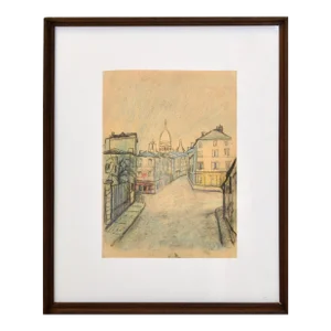 Cityscape Painting Pencil on Board Framed France Mid-Century Modern 70s