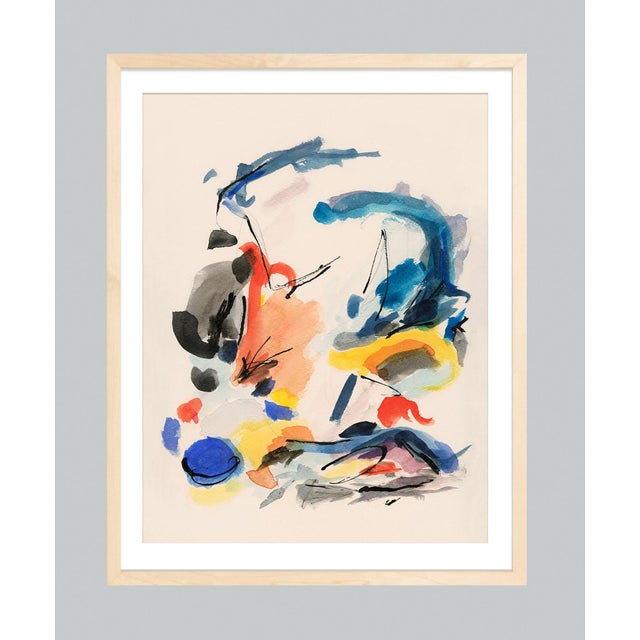 "Blue Notes No. 2" Abstract Watercolor Print With Primary Colors in Natural Wood Frame For Sale - Image 4 of 4