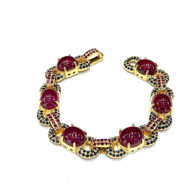 Art Deco Bochic "Capri" Vintage Ruby & Blue Sapphire Bracelet Set In 18K Gold & Silver For Sale - Image 3 of 18