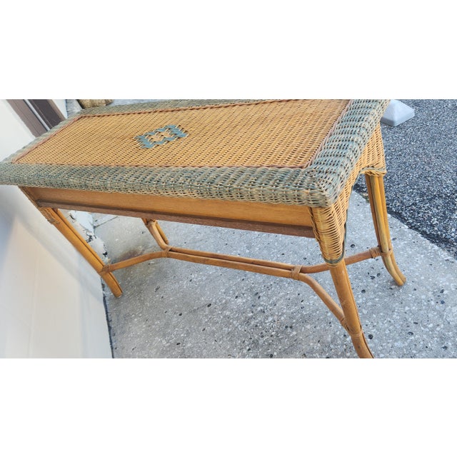 Vintage Wicker Console Table Beautiful Diamond Design Moss Green Paint For Sale In Jacksonville, FL - Image 6 of 11