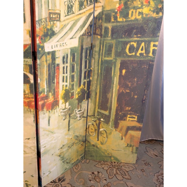 Textile Vintage Double-Sided Parisian Street Scene Canvas 4-Panel Room Divider Screen For Sale - Image 7 of 12