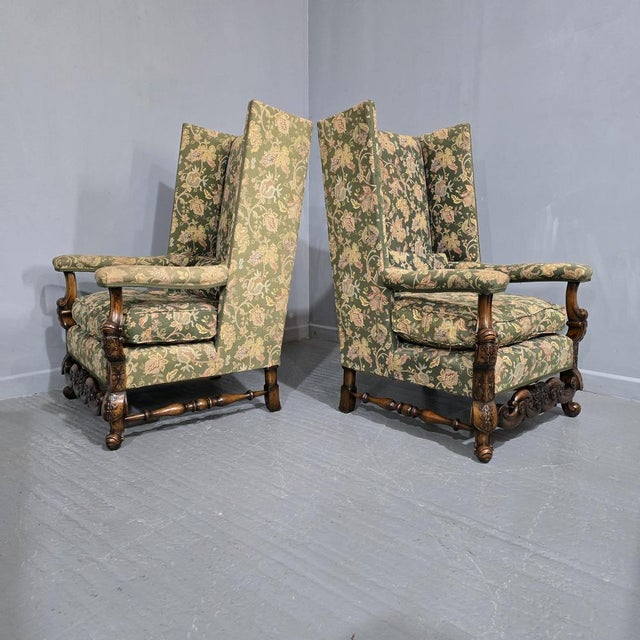 Jacobean Walnut Wing Library Armchairs, Set of 2 For Sale - Image 9 of 13