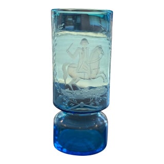 Antique Victorian Blue Etched Glass Vase- American Bicentennial- Rare Find For Sale