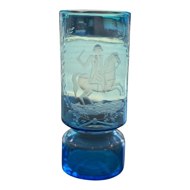 Antique Victorian Blue Etched Glass Vase- American Bicentennial- Rare Find For Sale