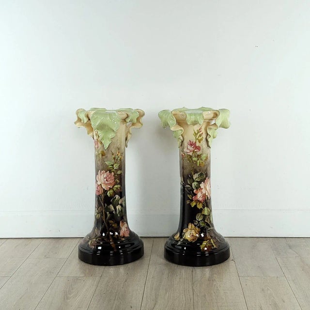Pair of Jérôme Massier Art Nouveau Majolica Jardinières on Stands. France C. 1900 For Sale - Image 10 of 11