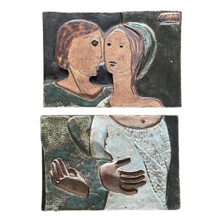 Modernist Figurative Wall Art Tiles in Polychrome Stoneware by Paulí (Lluís Pérez Calvo), 1975, Set of 2 For Sale