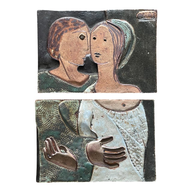 Modernist Figurative Wall Art Tiles in Polychrome Stoneware by Paulí (Lluís Pérez Calvo), 1975, Set of 2 For Sale