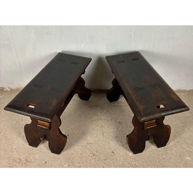 Pair of Rustic Spanish Wooden Stools, 1900s For Sale - Image 4 of 12