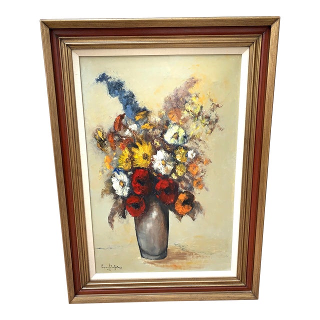 Midcentury Large Framed Mixed Bouquet Oil Painting For Sale