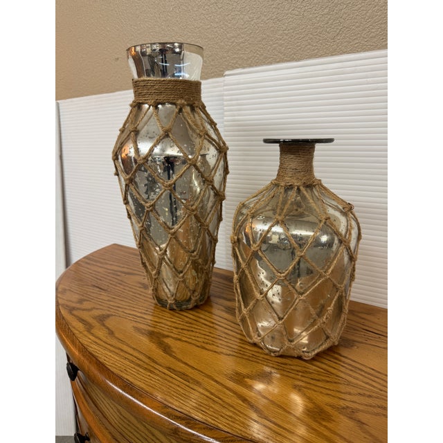 Coastal Twine Wrapped Mercury Glass Bottles, Set of Two For Sale - Image 3 of 12