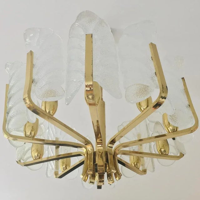 Scandinavian Brass Chandelier with 10 Glass Leaves by Carl Fagerlund for Orrefors, Sweden, 1960s For Sale - Image 11 of 11