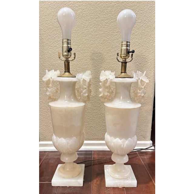 1920s Large Pair of Hand-Carved French Alabaster Neoclassical Urn Table Lamps For Sale - Image 11 of 18