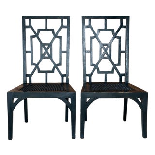 Pair of Guildmaster Black Chinoiserie Cane Dining Side Chairs For Sale