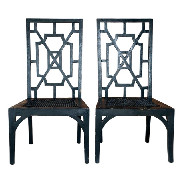 Pair of Guildmaster Black Chinoiserie Cane Dining Side Chairs For Sale