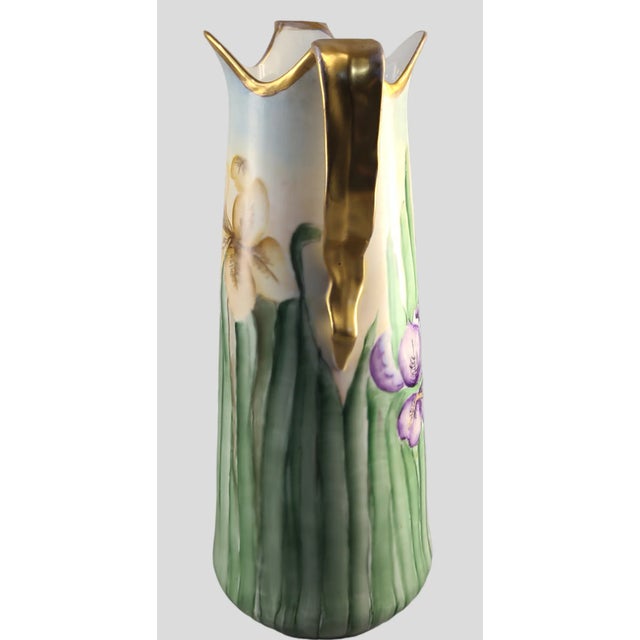 Green Early 20th Century Large Austrian Hand Painted Irises Gilded Two Handle Vase Signed For Sale - Image 8 of 10