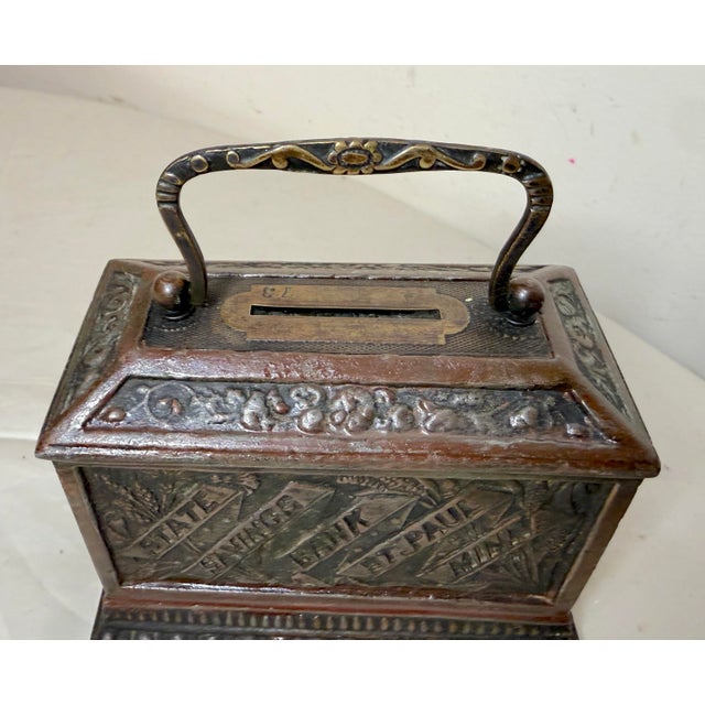 Bronze Rare 19th Century Antique Cast Iron State Savings Bank St Paul Minn Still Bank For Sale - Image 8 of 12