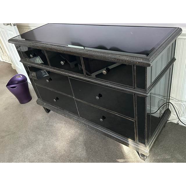 Hollywood Regency Transitional Designer 9-Drawer Dresser in Distressed Black With Zinc Hardware For Sale - Image 3 of 6