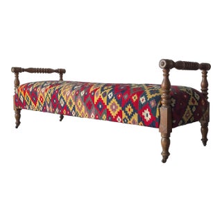 6ft Antique Turned Wood Bench in Turkish Kilim For Sale