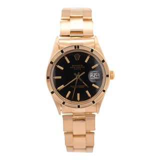 1970s Rolex Op Date 1501 34mm 18k Gold Black Gloss Dial Watch For Sale