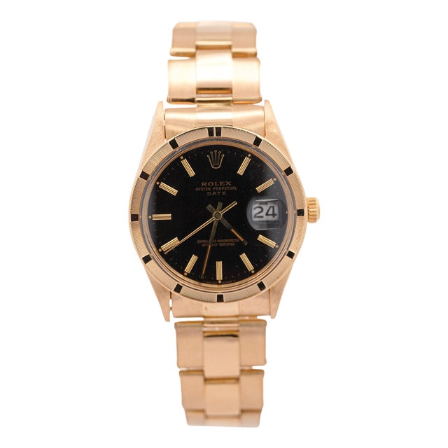1970s Rolex Op Date 1501 34mm 18k Gold Black Gloss Dial Watch For Sale