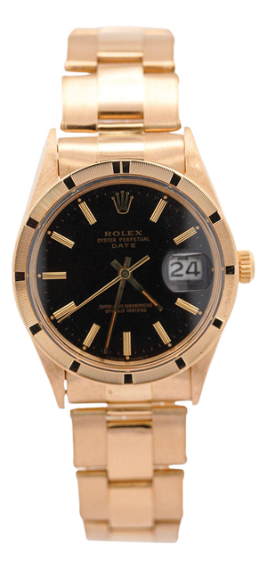 1970s Rolex Op Date 1501 34mm 18k Gold Black Gloss Dial Watch