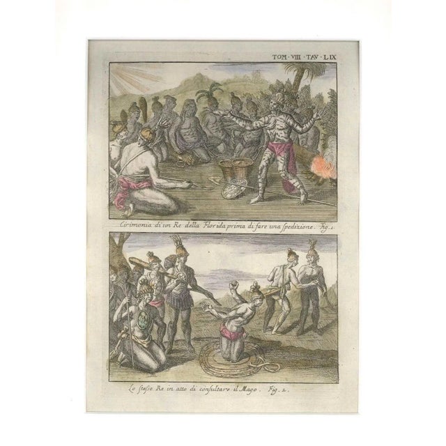Image dimensions: 25.5 x 18 cm. Ceremonies of a floridian king is a fine etching, hand-watercolored, realized by the...