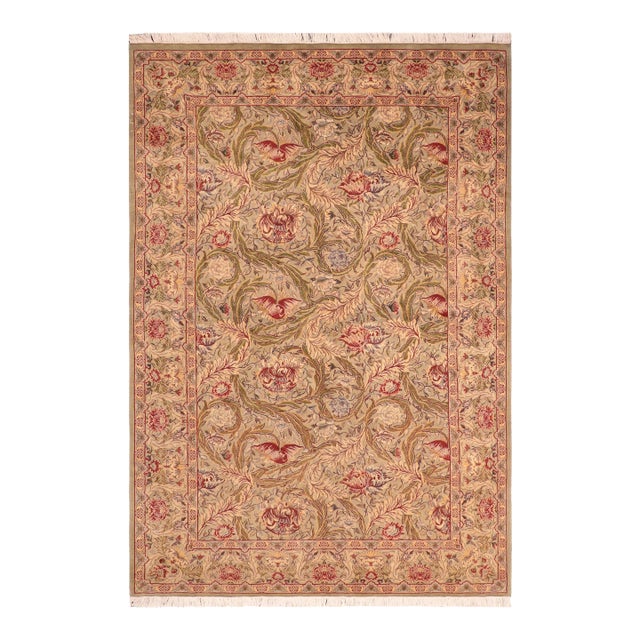 Shabby Chic Floral 1990's Pak-Persian Green/Red Wool Rug - 6'1'' X 9'5'' For Sale