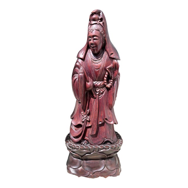 Vintage 1940’s Chinese 24.5” Tall Rosewood Kuan Yin Figurine For Sale
