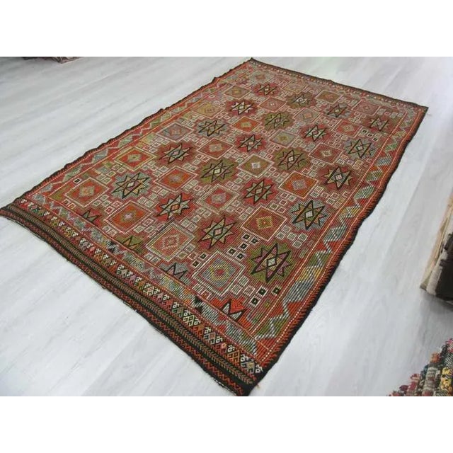 1960s Handwoven Embroidered Turkish Kilim Rug - 6′1″ × 9′3″ For Sale - Image 5 of 6