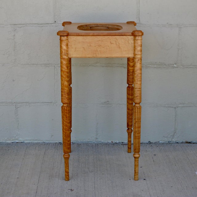 Wood 1984 Handcrafted One Drawer Bird’s Eye Maple Display Stand With Blue and White Platter For Sale - Image 7 of 18