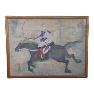 Japanese Imperial Samurai Warrior Minamoto Horseback Watercolor Painting 60"