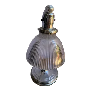 Art Deco Chrome Table Lamp With Flat Bottom Ribbed Holophane Glass Shade
