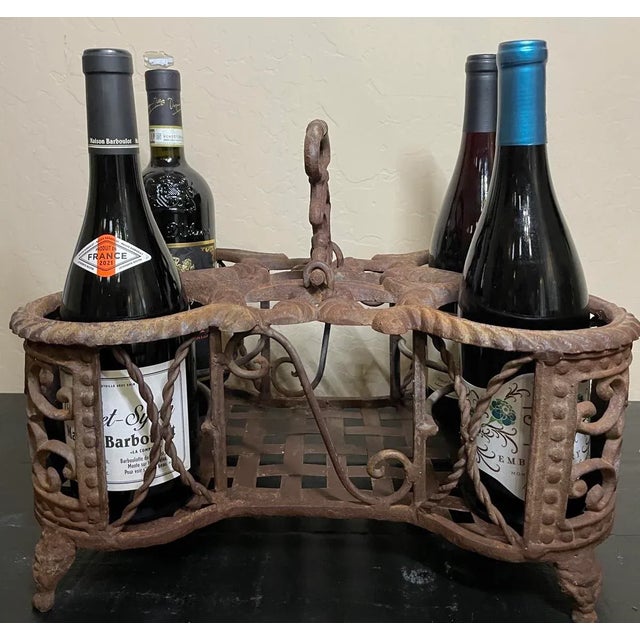 Antique French Country Cast Iron & Wrought Iron Wine Bottle Holder Display Stand For Sale In Phoenix - Image 6 of 12