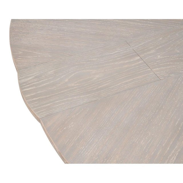 Transitional Round Dining Table, Medium - Grey Oak With Hammered Iron Accents For Sale - Image 10 of 11