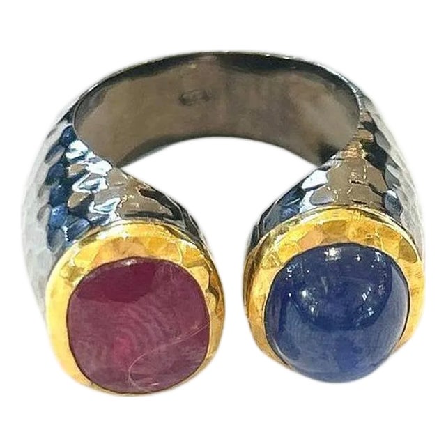Bochic "Capri" Natural Blue Sapphire & Red Ruby Ring Set In 18K Gold & Silver For Sale